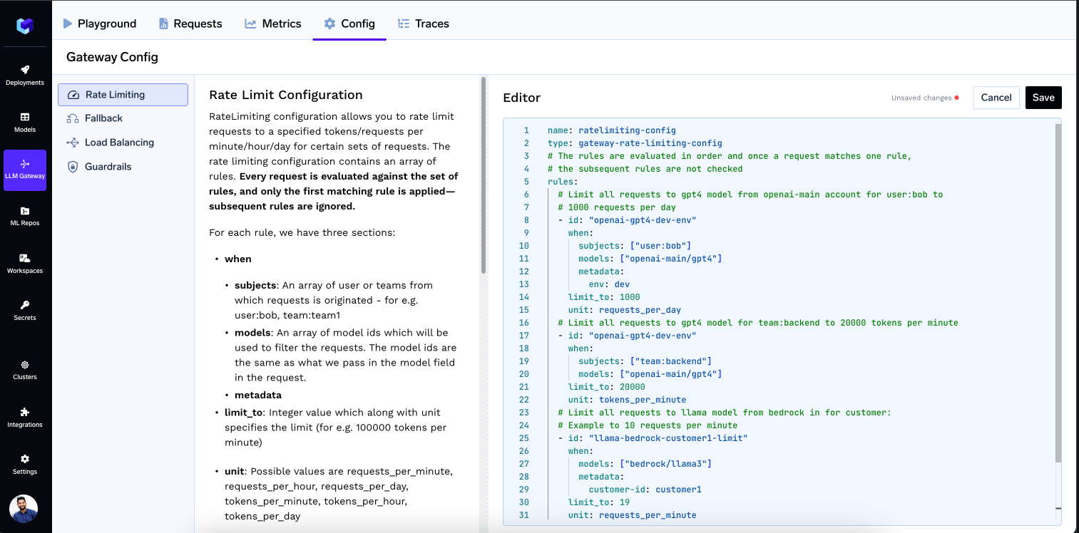 TrueFoundry AI Gateway Config tab with a rate limiting rule being edited