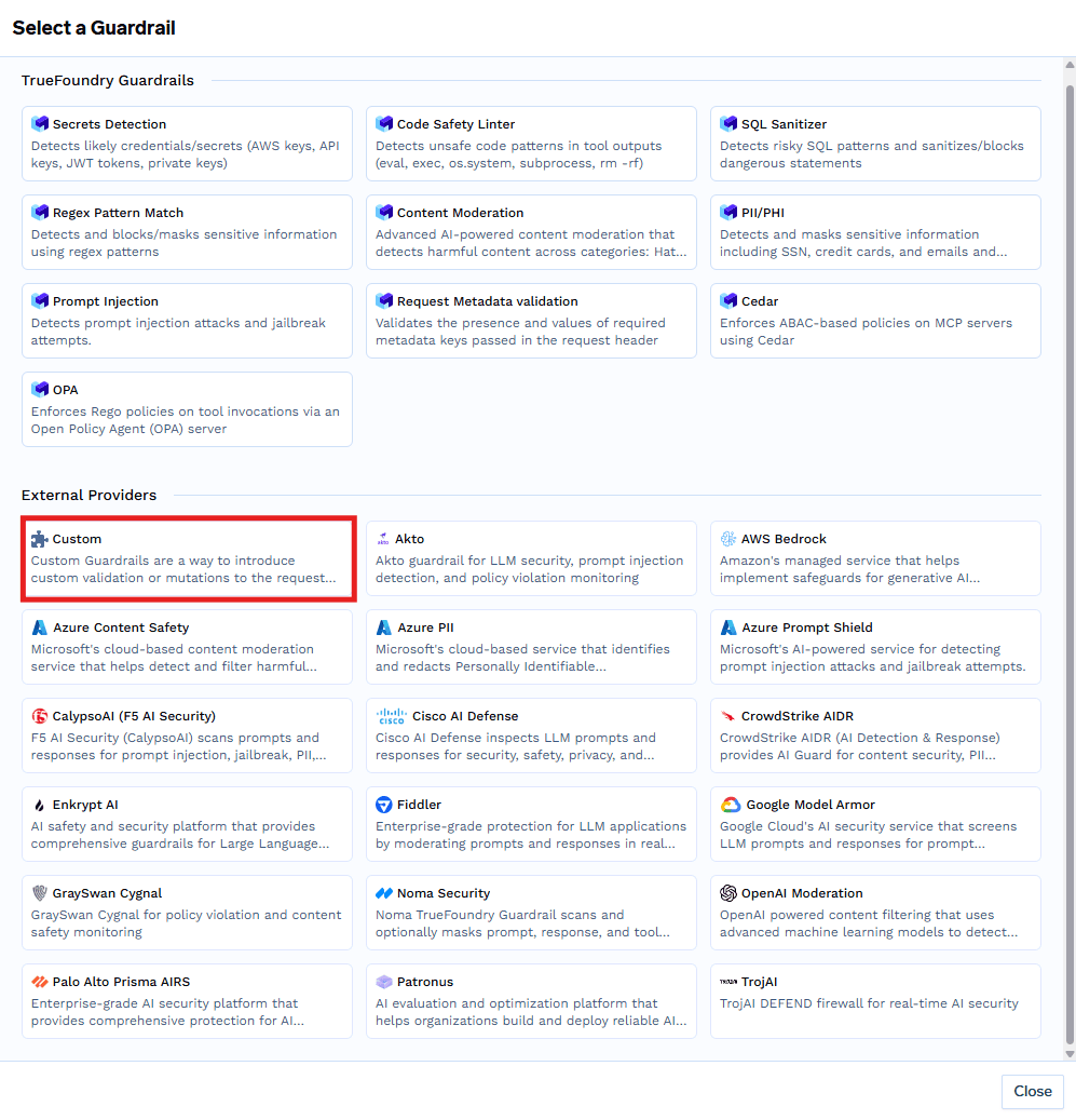 Select a Guardrail modal with the Custom option under External Providers