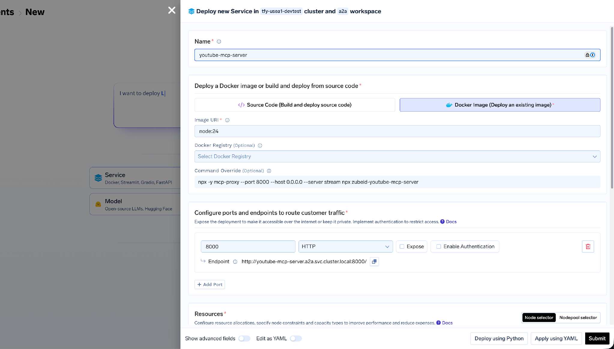 Deploy from Docker Image form with node:24 base image and an npx mcp-proxy command wrapping an npm MCP package