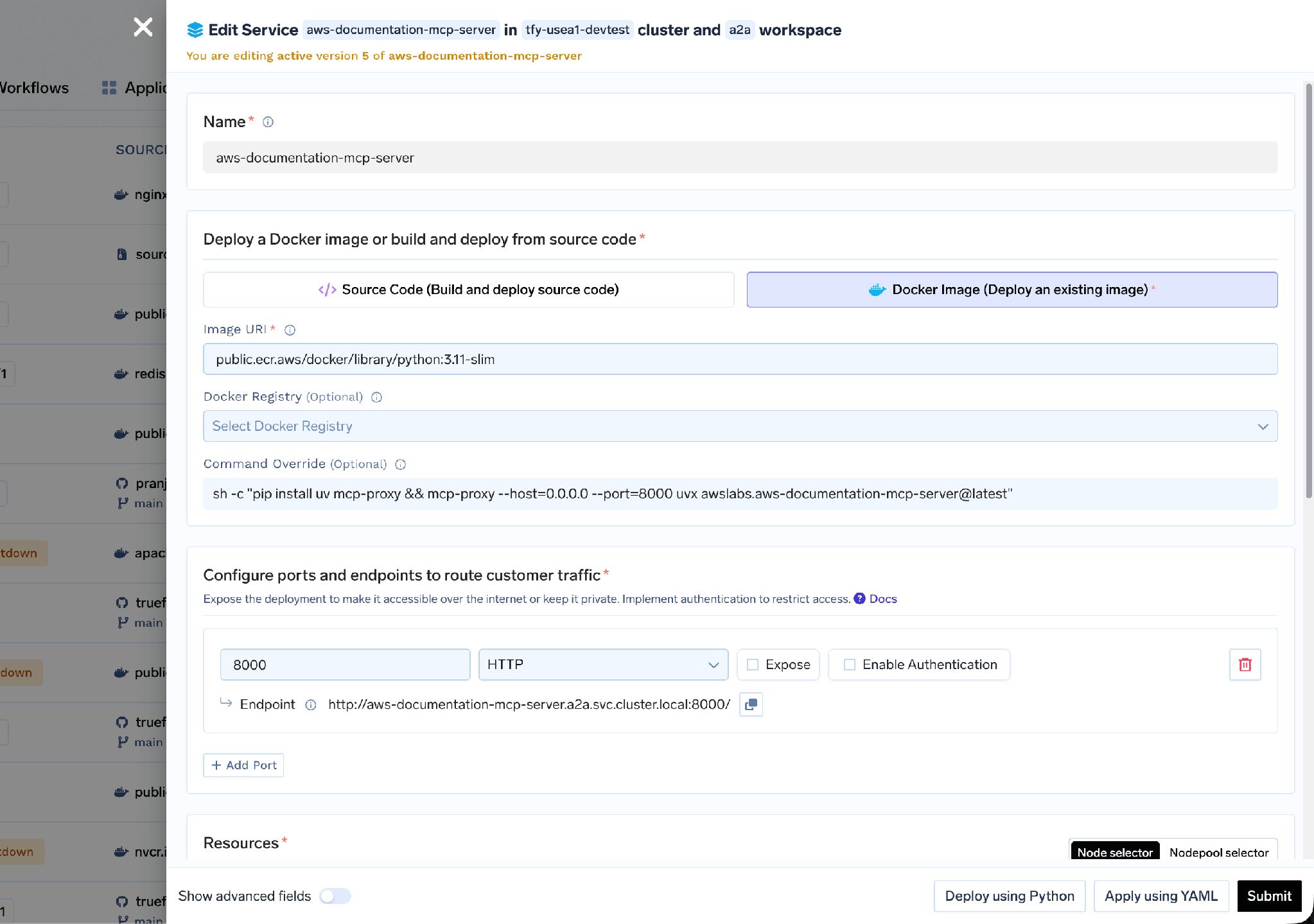 Deploy from Docker Image form with python:3.11-slim base image and mcp-proxy wrapping a uvx MCP package