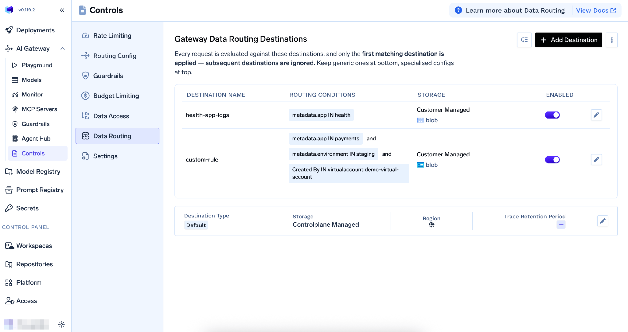 Gateway Data Routing Destinations page listing default and custom destinations