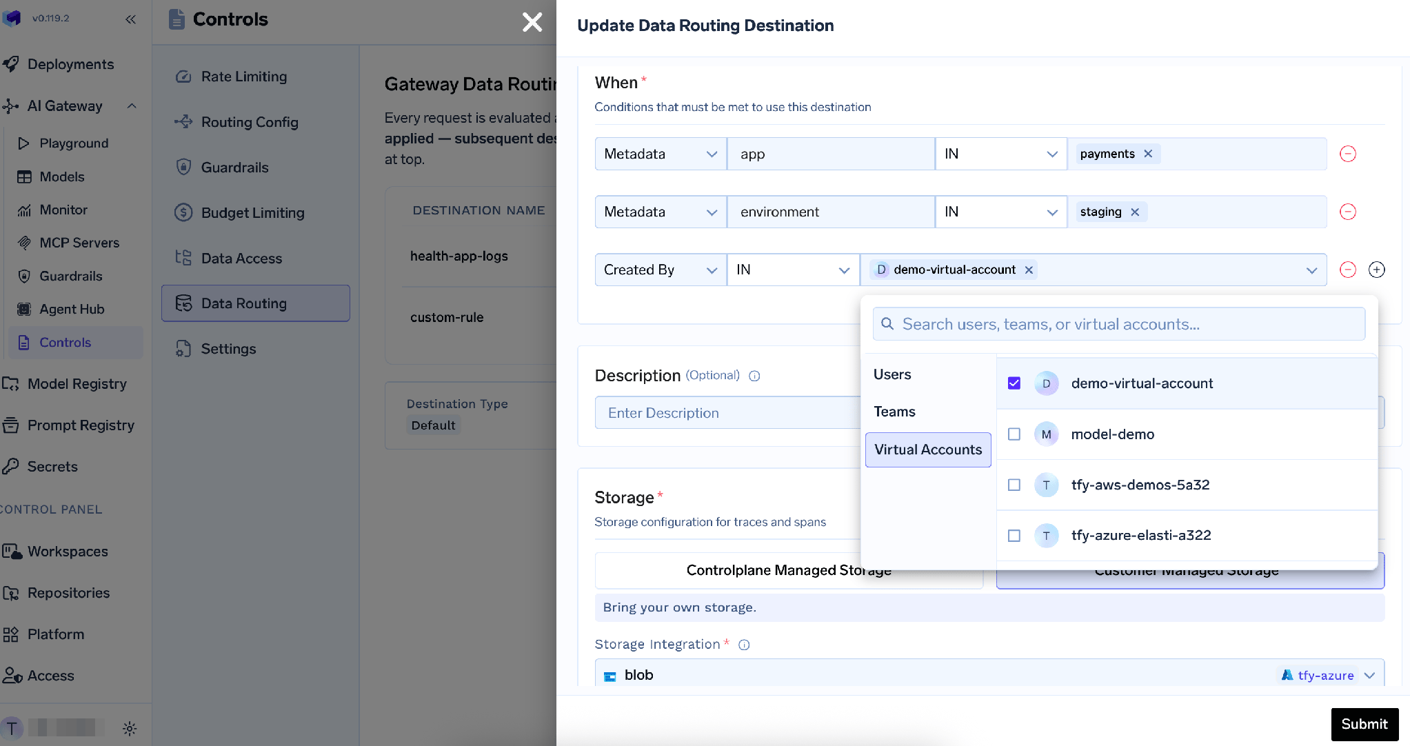 Add or update a custom data routing destination with When conditions and storage selection