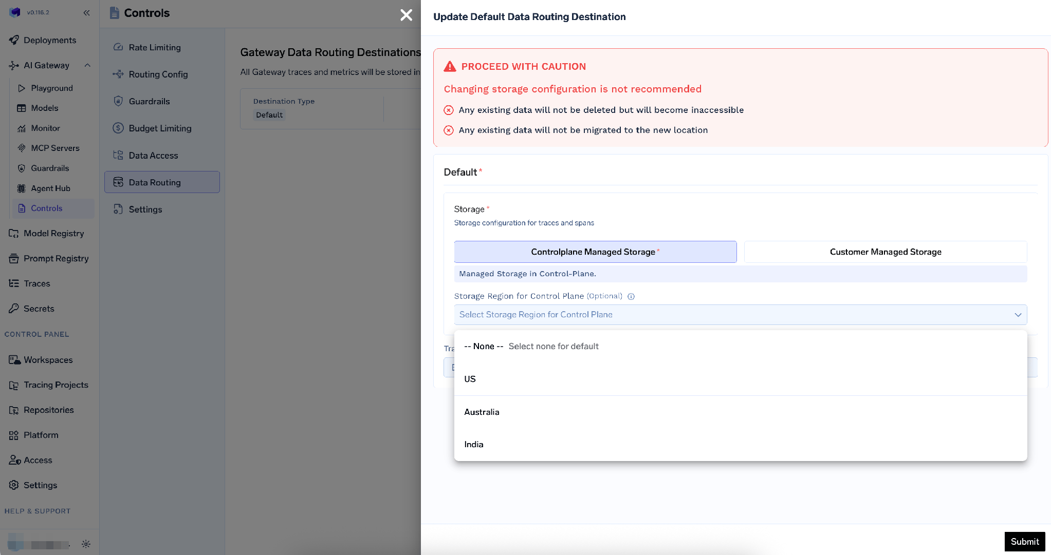 Control plane managed storage configuration with a region selector for data residency