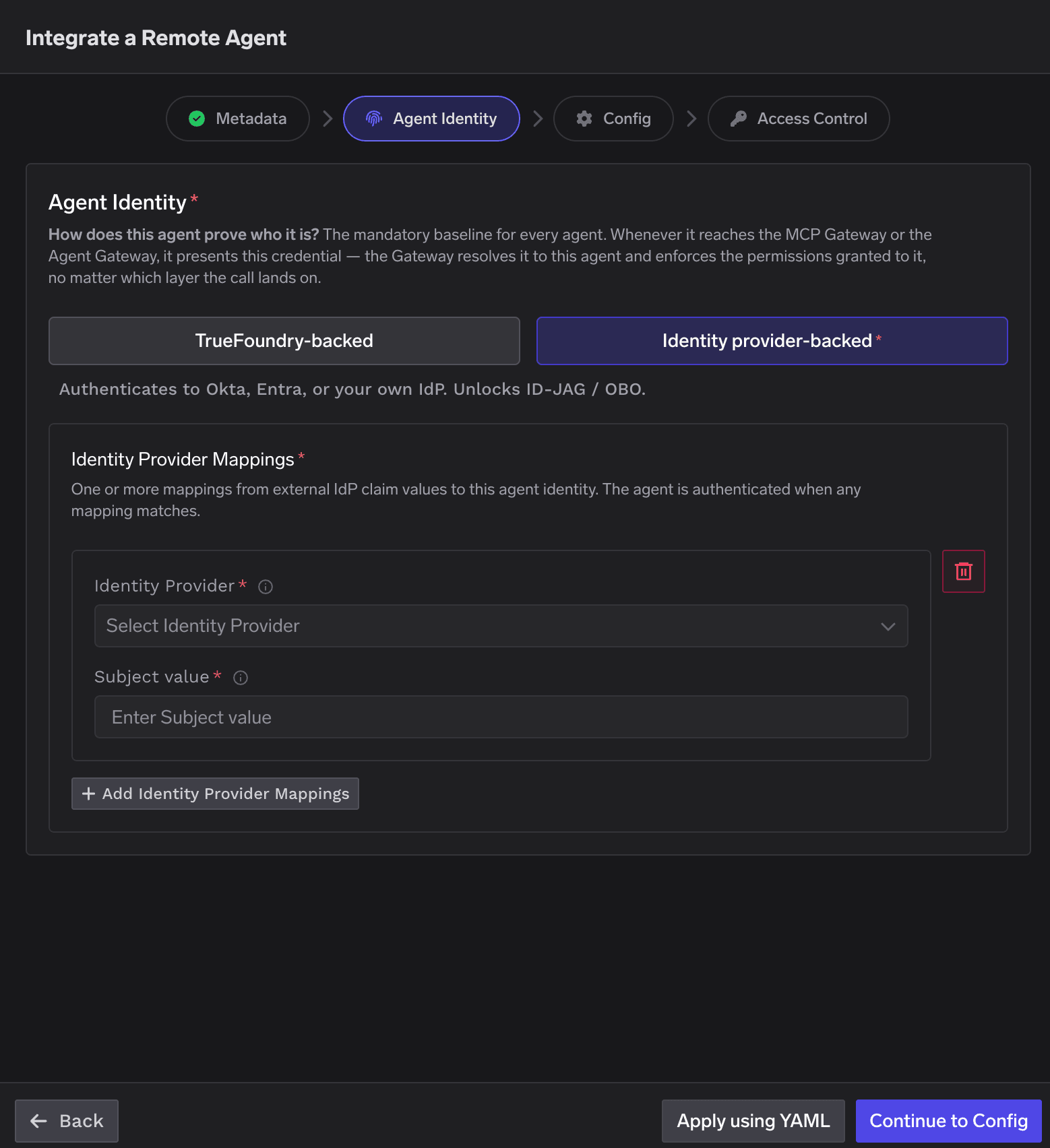 Agent Identity registration step with Identity provider-backed selected, showing Identity Provider and Subject value fields