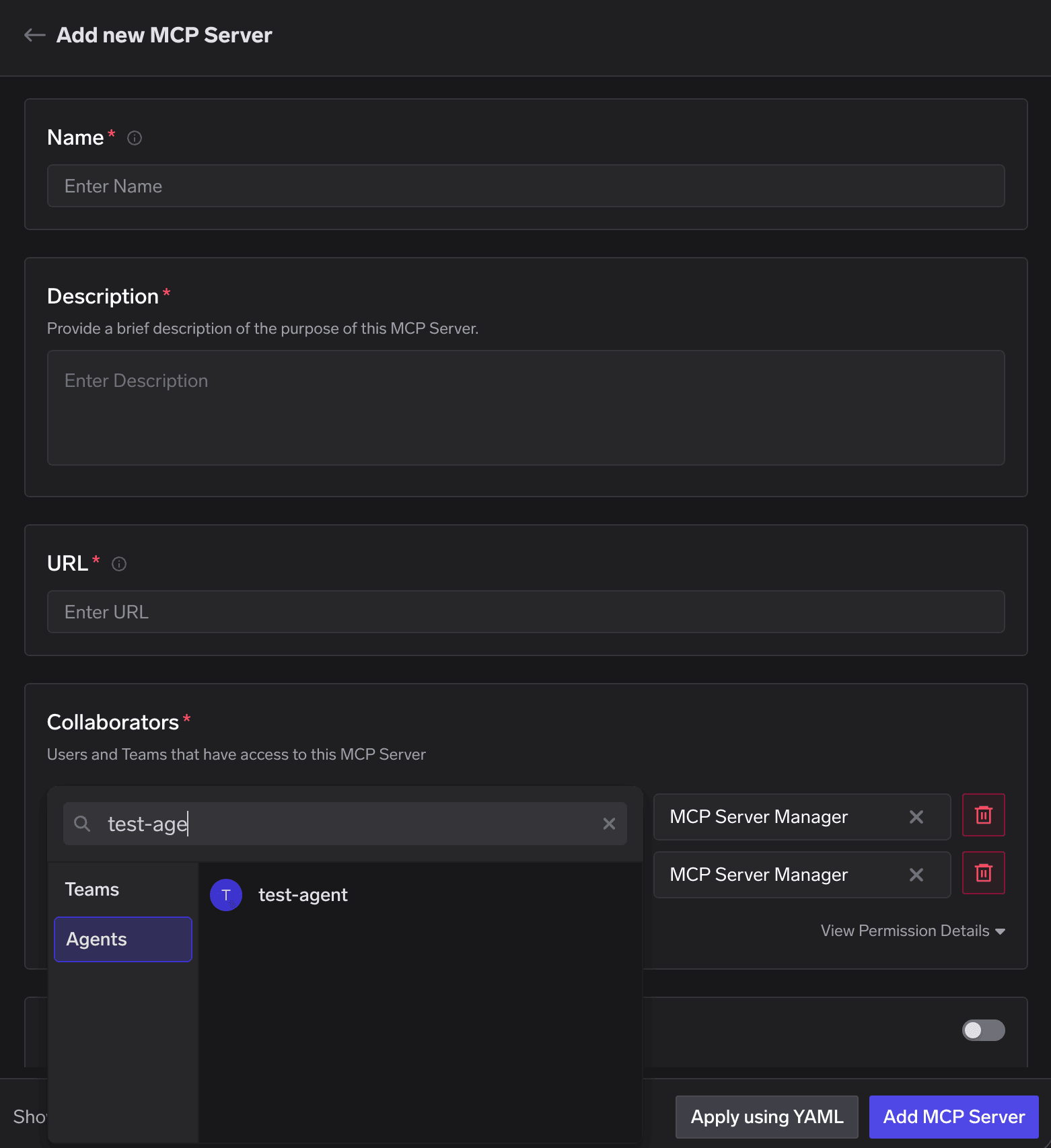 MCP Server Collaborators subject picker open on the Agents tab, selecting an agent identity