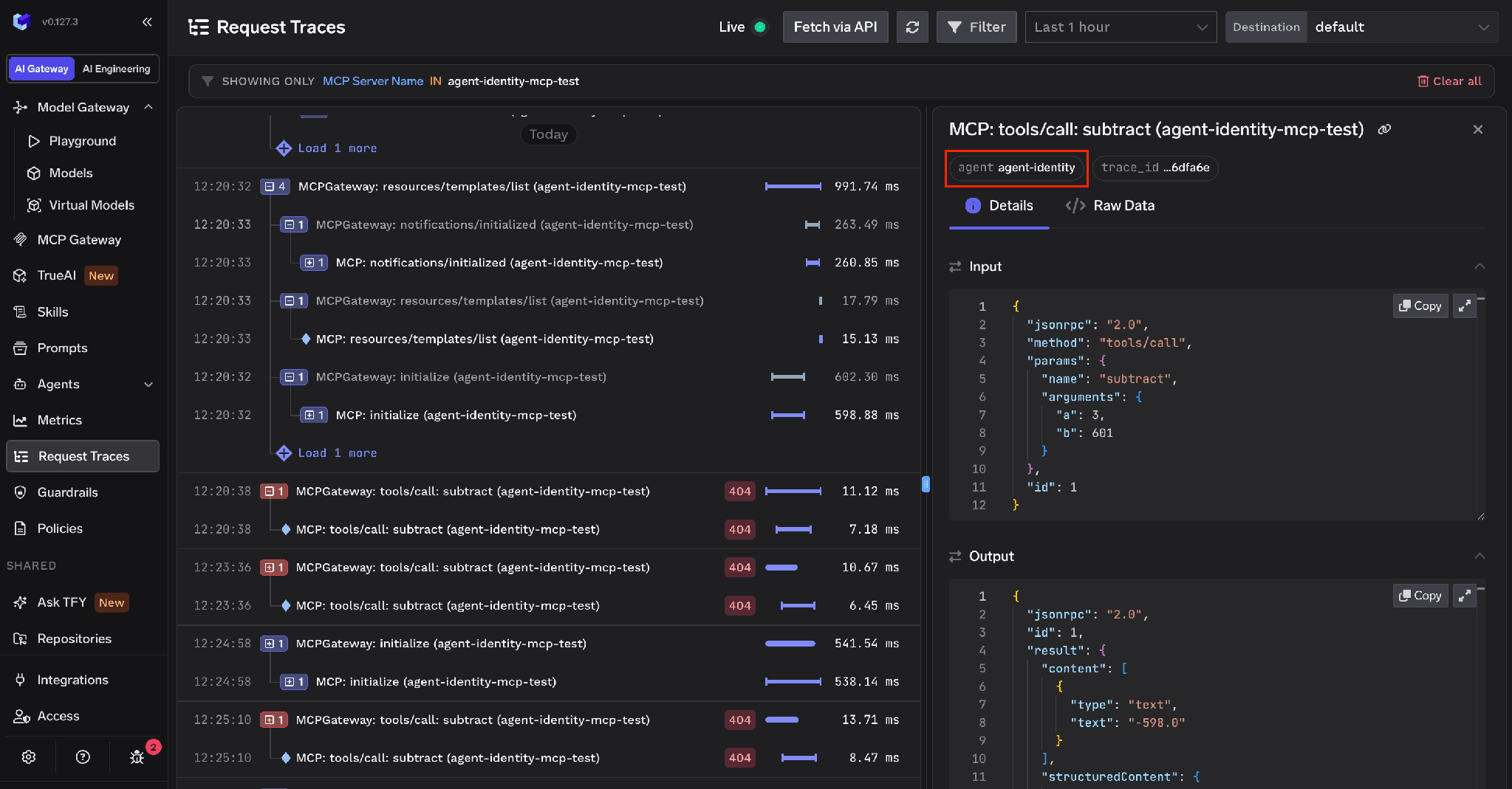 Request Traces for a remote A2A agent showing the JSONRPC request and response