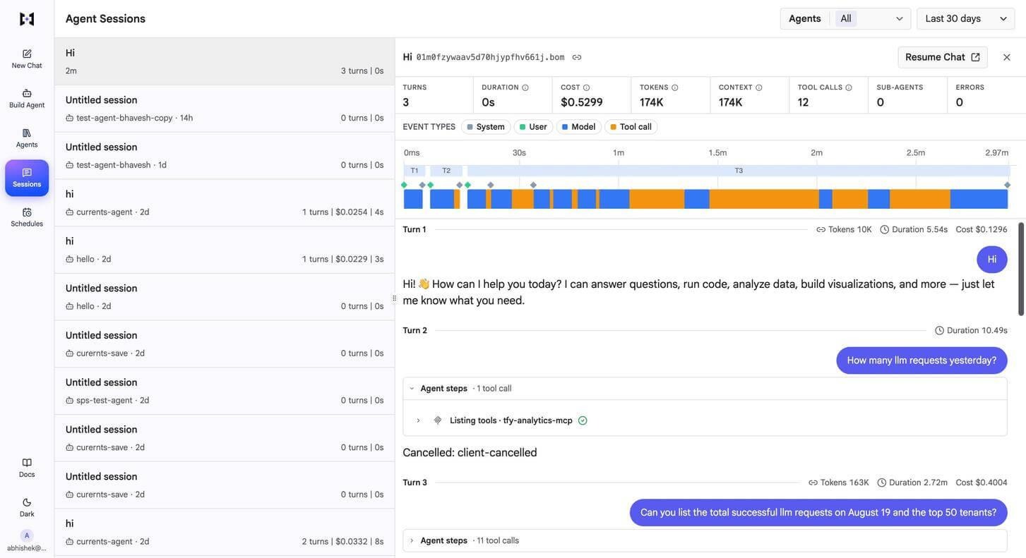 Agent session detail with summary metrics, event-type timeline and turn-by-turn transcript showing expanded agent steps