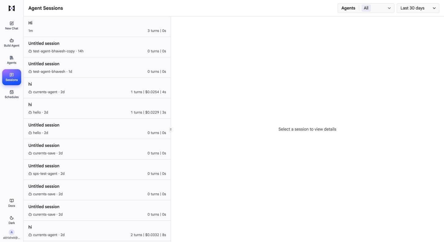 Agent Sessions list showing each conversation with its agent, turn count, cost and duration