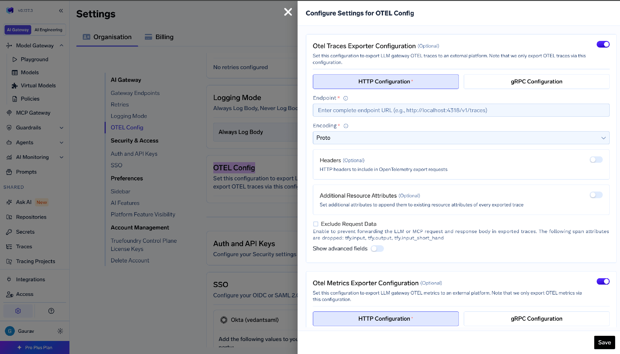 OTEL Config form for exporting spans, with HTTP or gRPC endpoint, encoding and headers