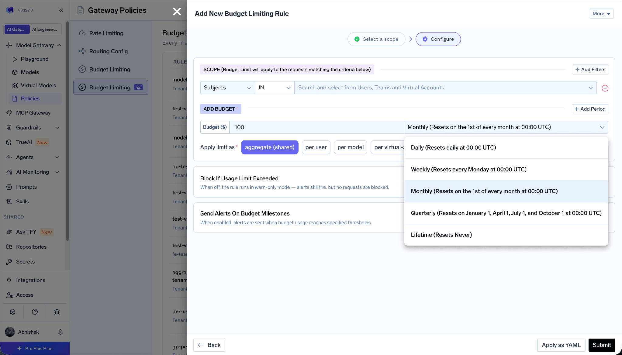 Budget rule reset period selector listing Daily, Weekly, Monthly, Quarterly and Lifetime