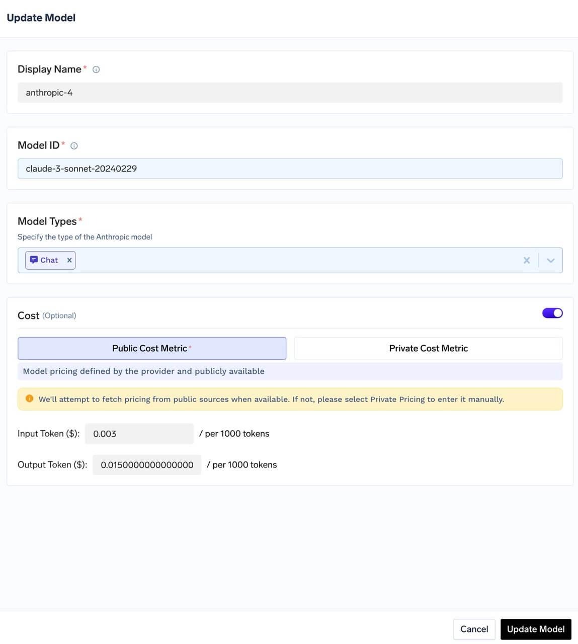 Public cost configuration for a model showing provider-published input and output rates