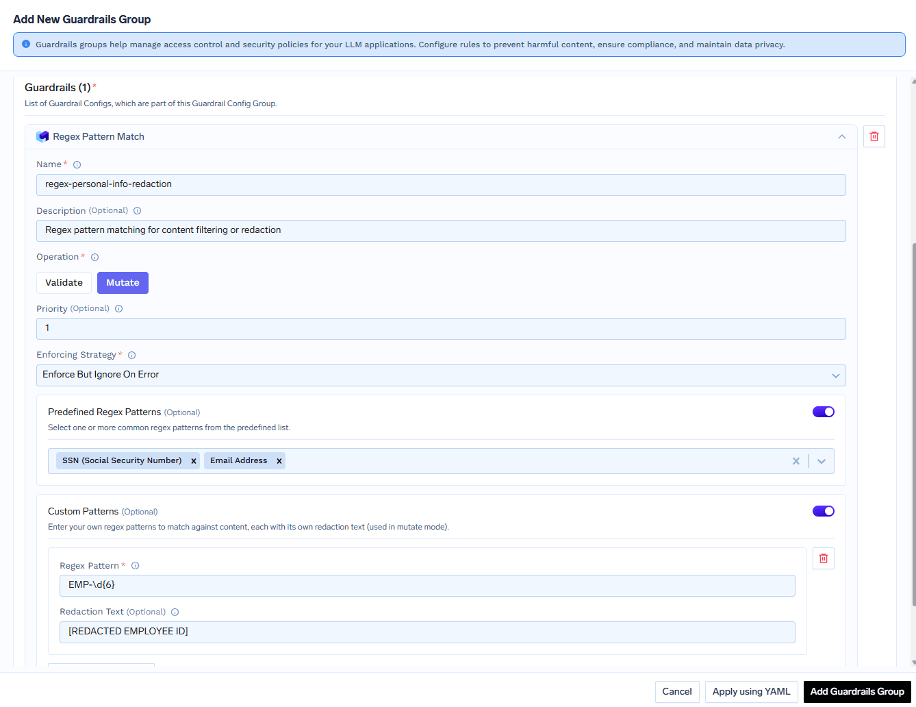 Regex Pattern Matching guardrail form with preset patterns and custom pattern fields