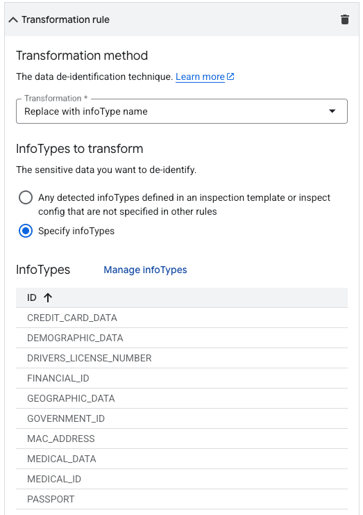 Google Cloud de-identify transformation rule set to replace detected values with the infoType name