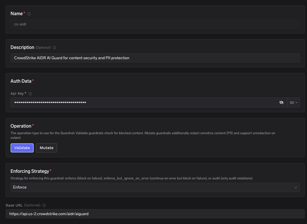 CrowdStrike AIDR guardrail configuration form in the TrueFoundry AI Gateway