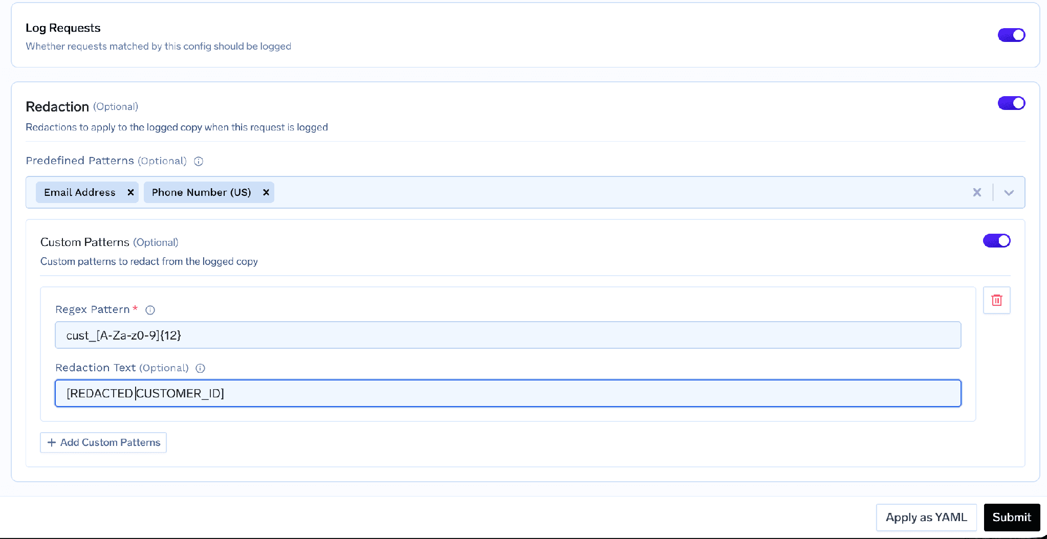 Logging configuration redaction settings applied to stored request and response bodies