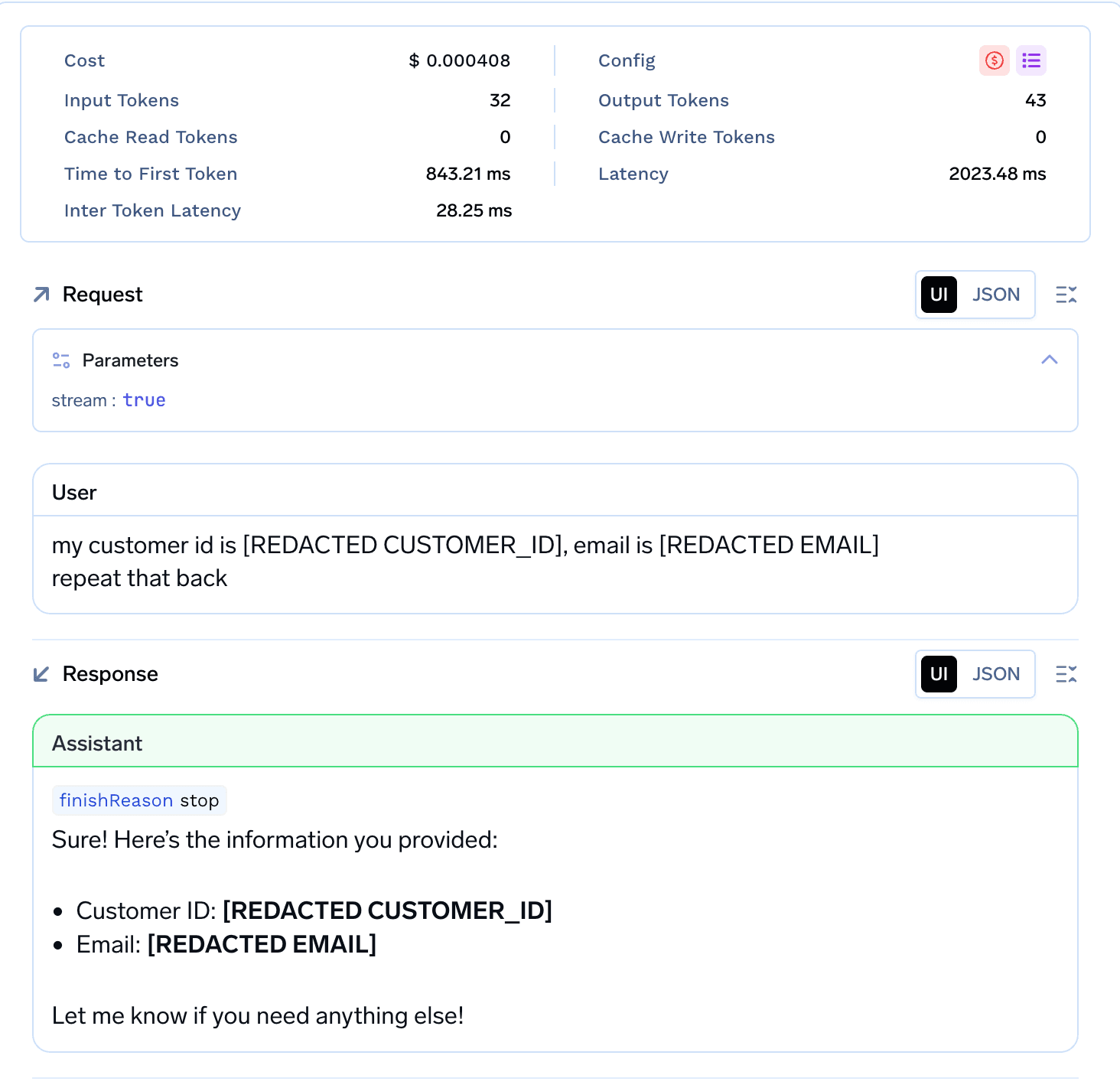 Request trace with sensitive values replaced by redaction tokens in the stored body