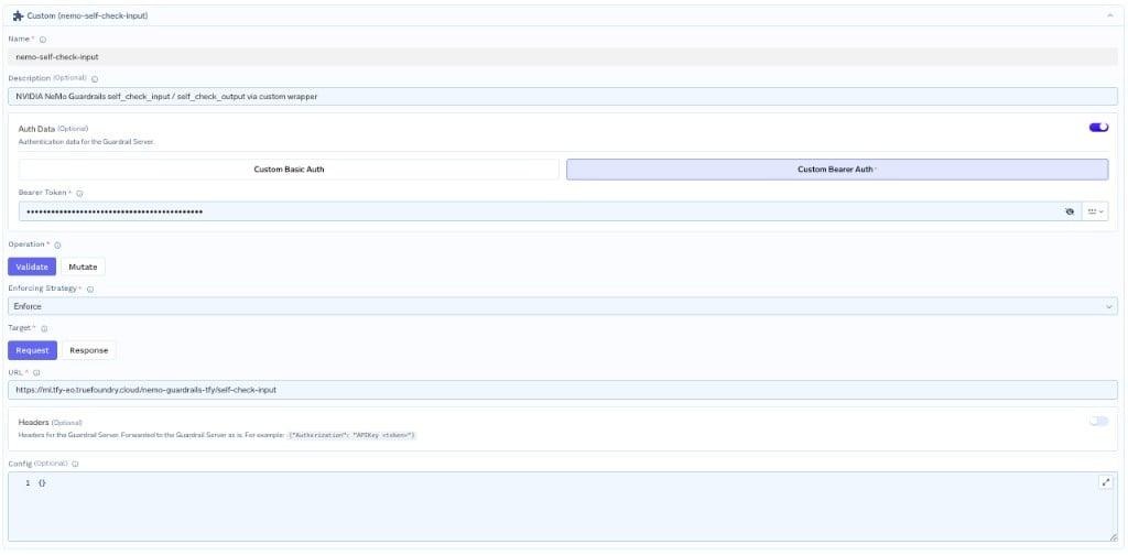 Registering the NeMo self-check rail as a custom guardrail config in TrueFoundry