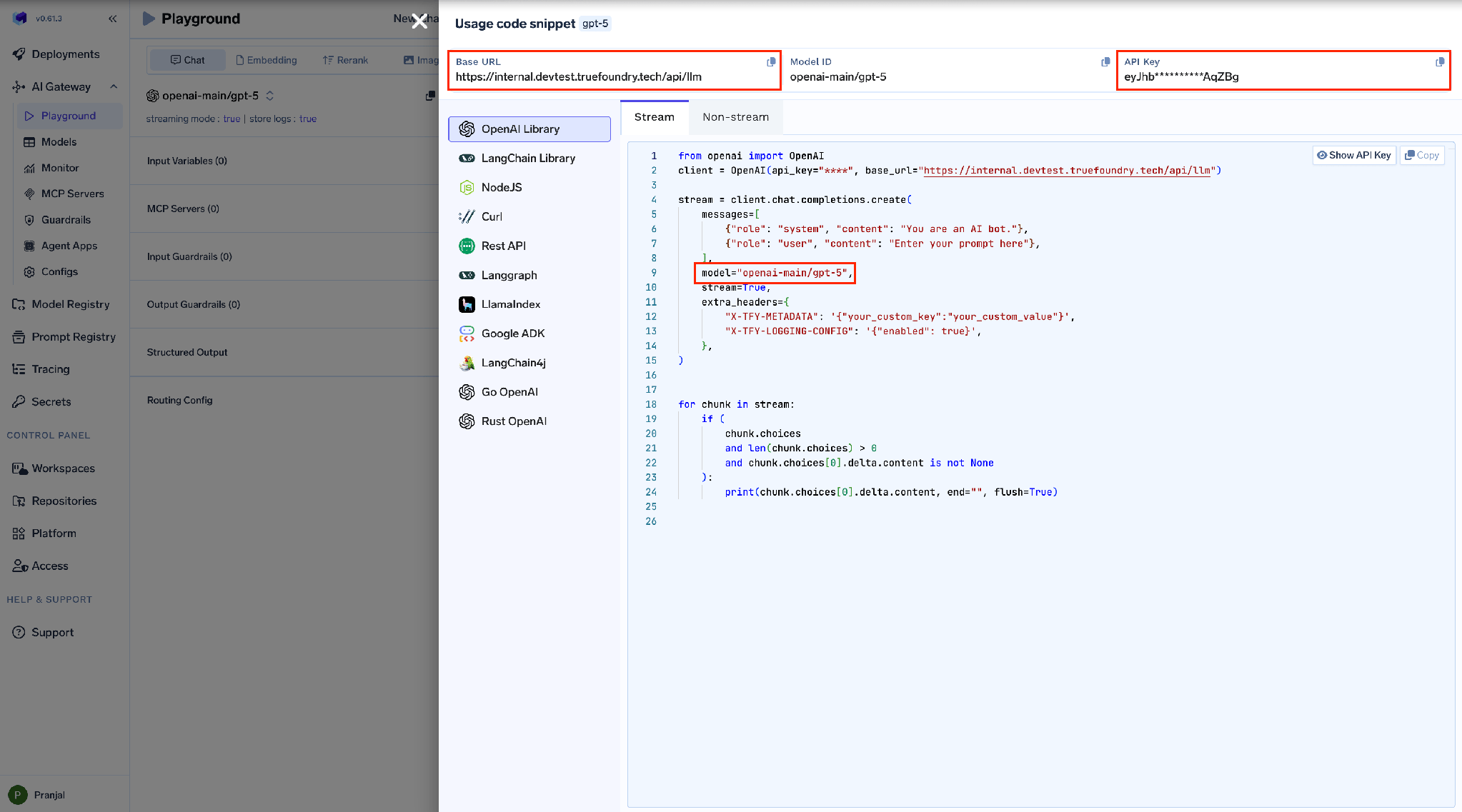 TrueFoundry AI Gateway code snippet panel showing the gateway base URL and API key to copy into a Codex provider block