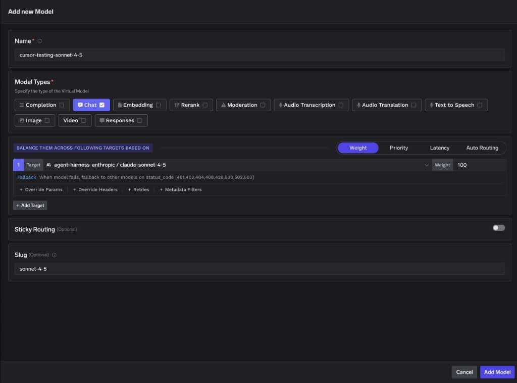 Cursor virtual model slug configuration form