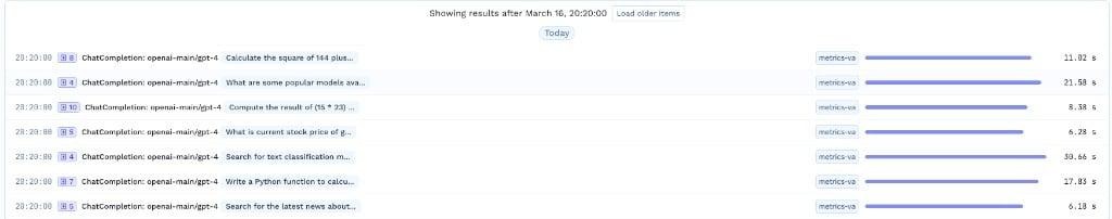 TrueFoundry request tracing view showing individual coding-agent requests with model, tokens and latency
