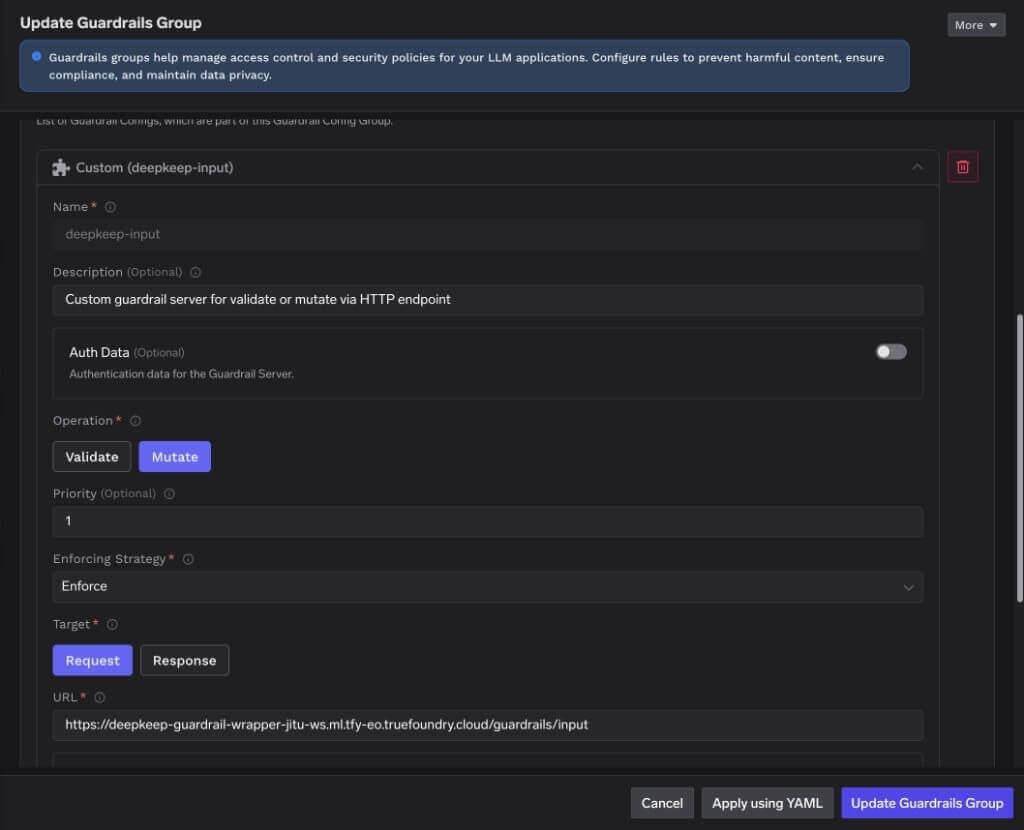 DeepKeep custom guardrail input configuration in TrueFoundry set to Mutate on the request path