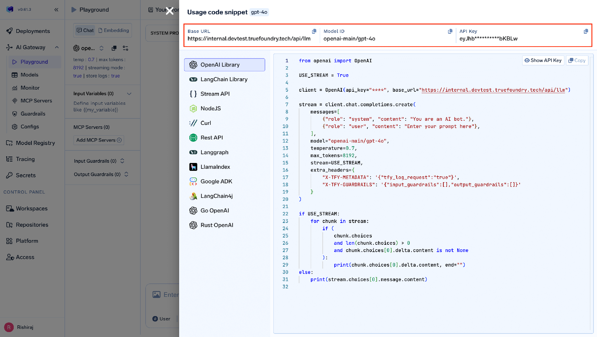 TrueFoundry playground unified code snippet with base URL and model name