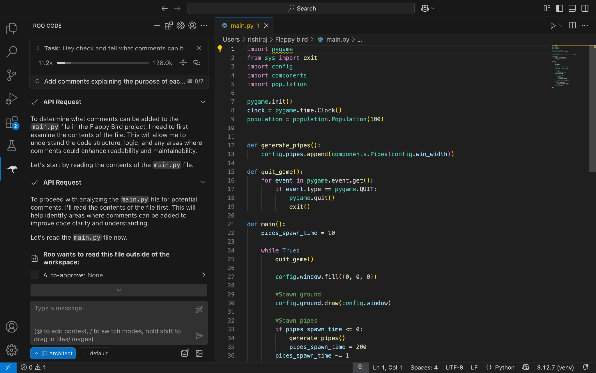 Roo Code generating code through the TrueFoundry AI Gateway