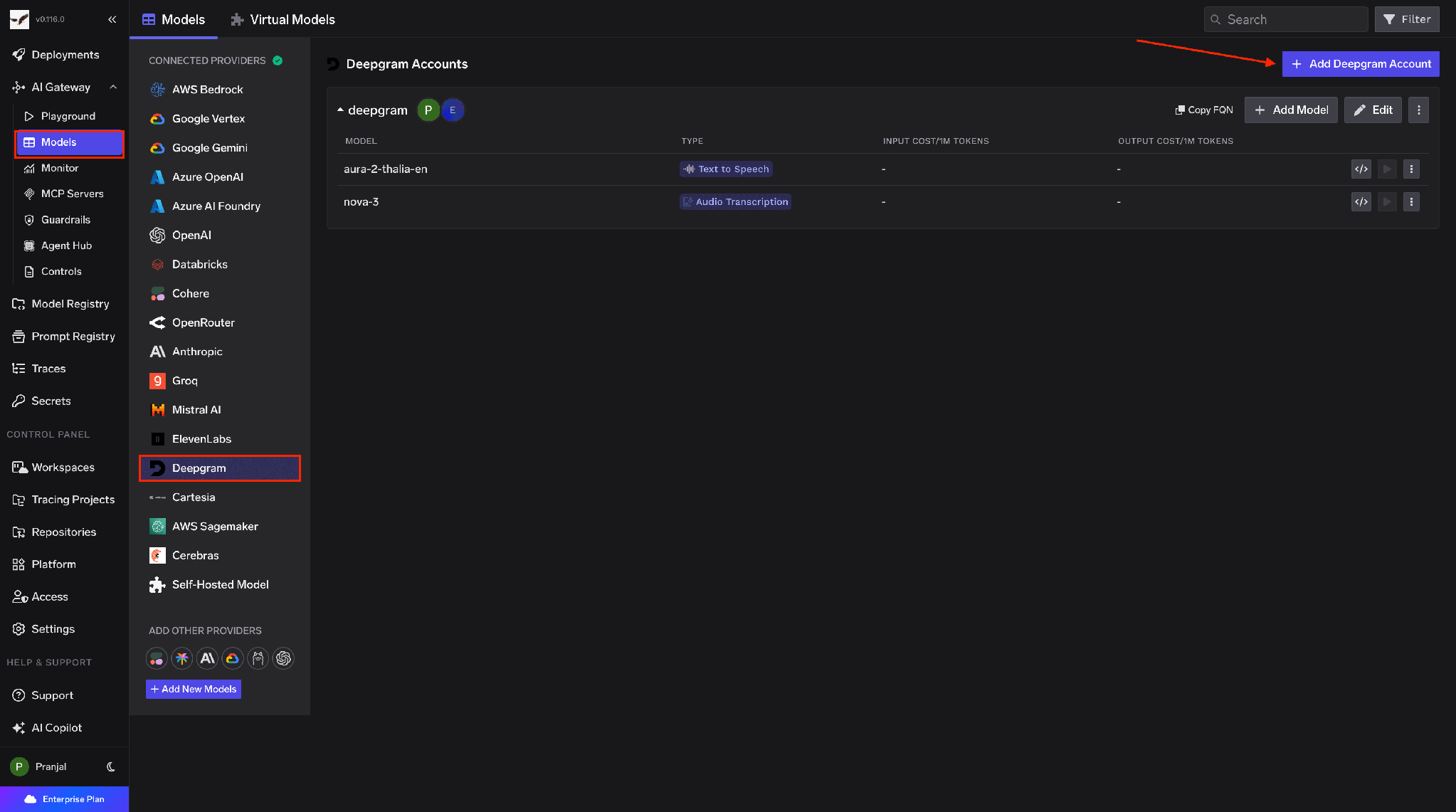 Navigating to Deepgram models in the AI Gateway