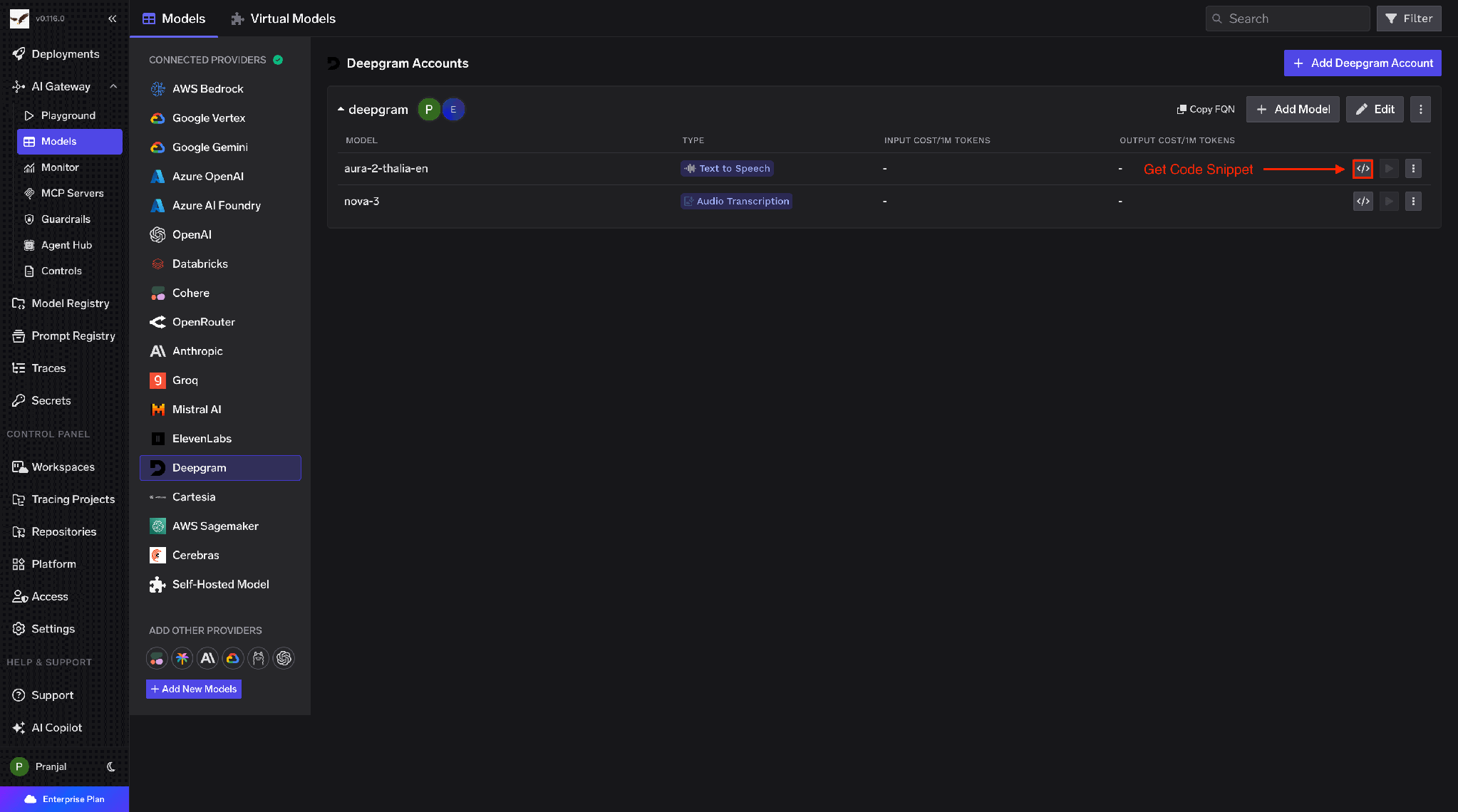 Inference code snippet and Playground for Deepgram
