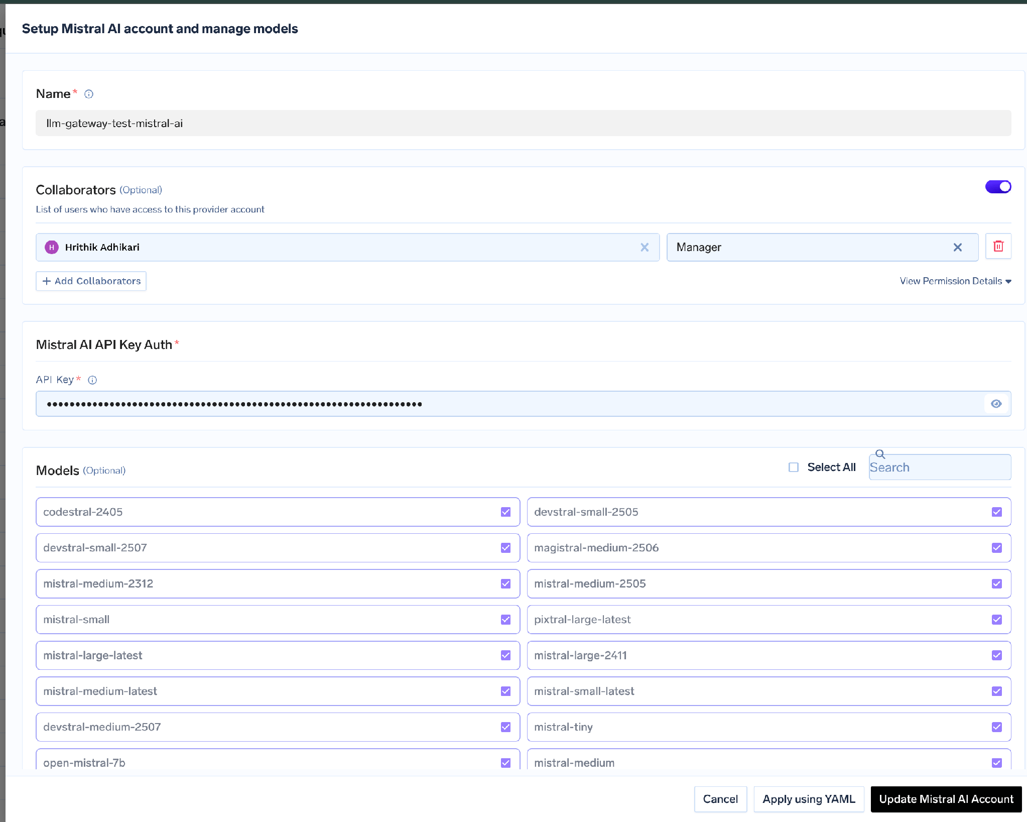 Mistral account configuration form with API key and collaborators
