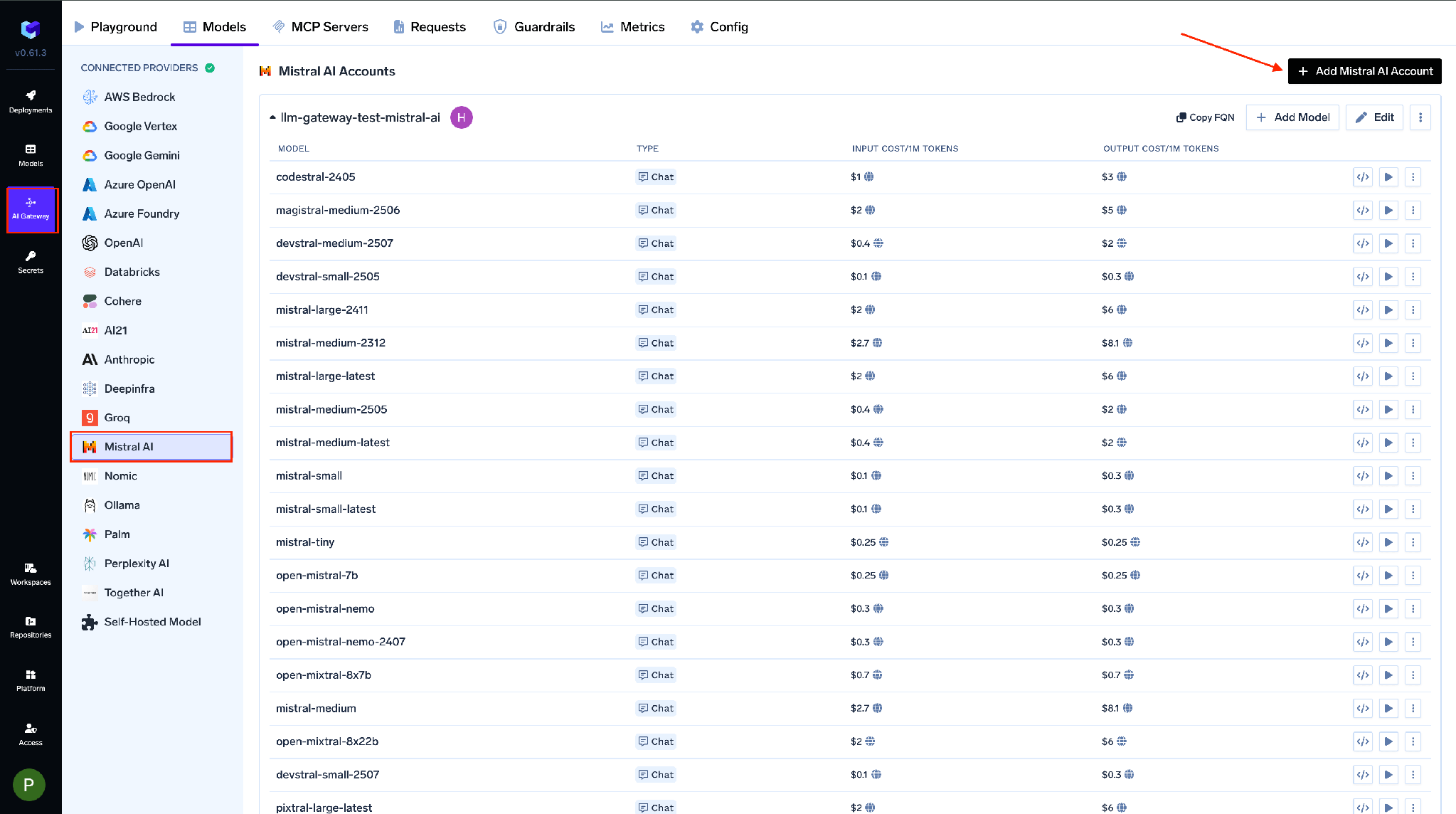 Adding a Mistral AI model account in the TrueFoundry AI Gateway