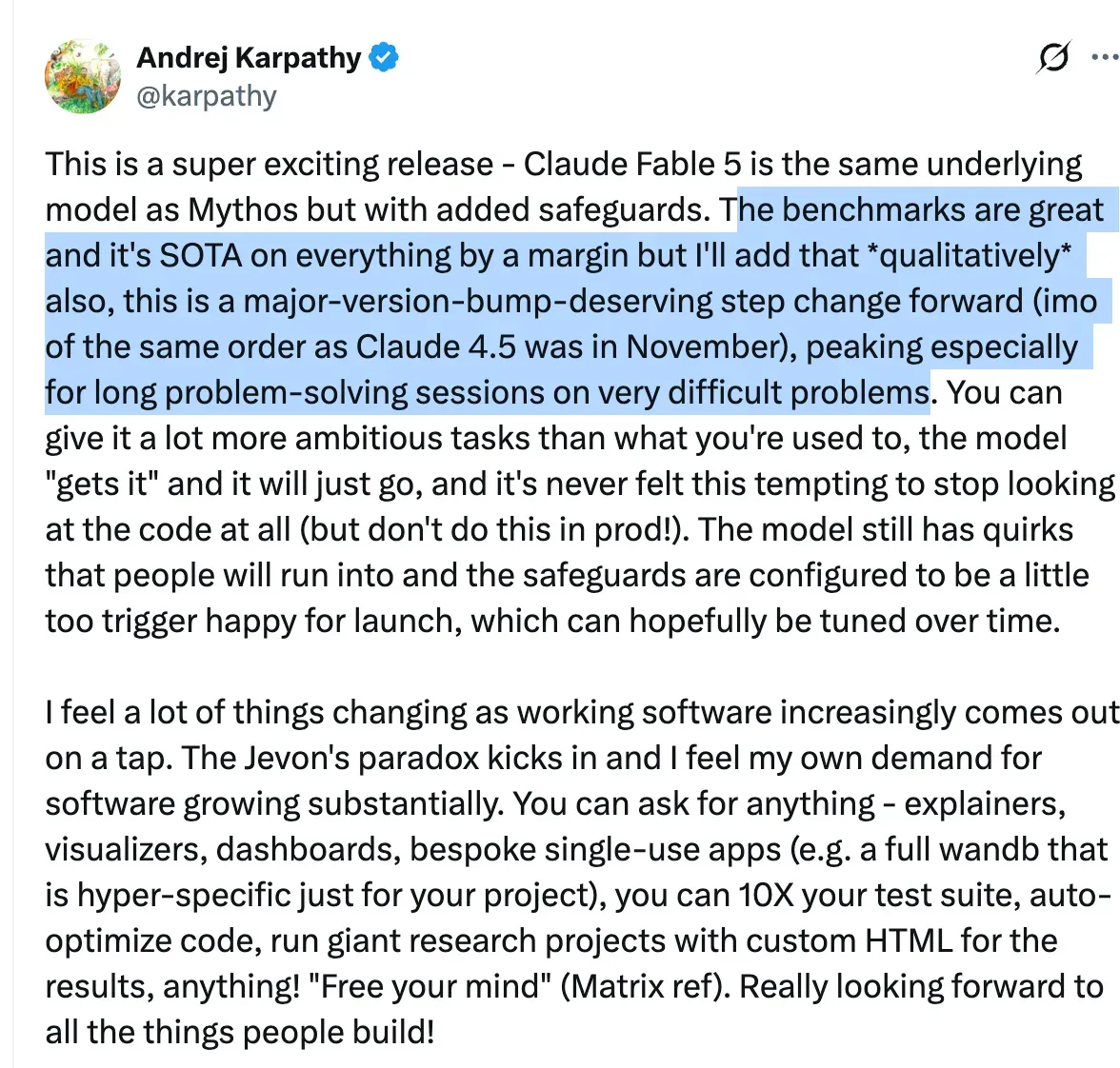 Andrej Karpathy's launch-day reaction on Claude Fable 5