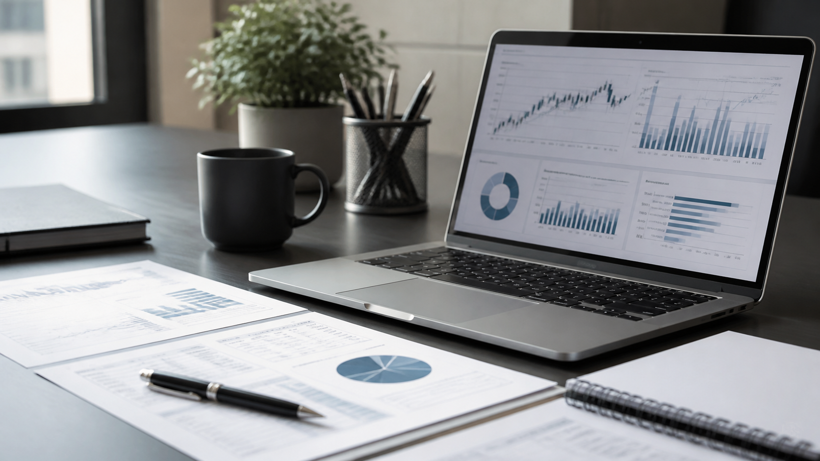 Accountant's desk with a laptop and printed financial reports, representing SEO performance tracking for an accounting firm
