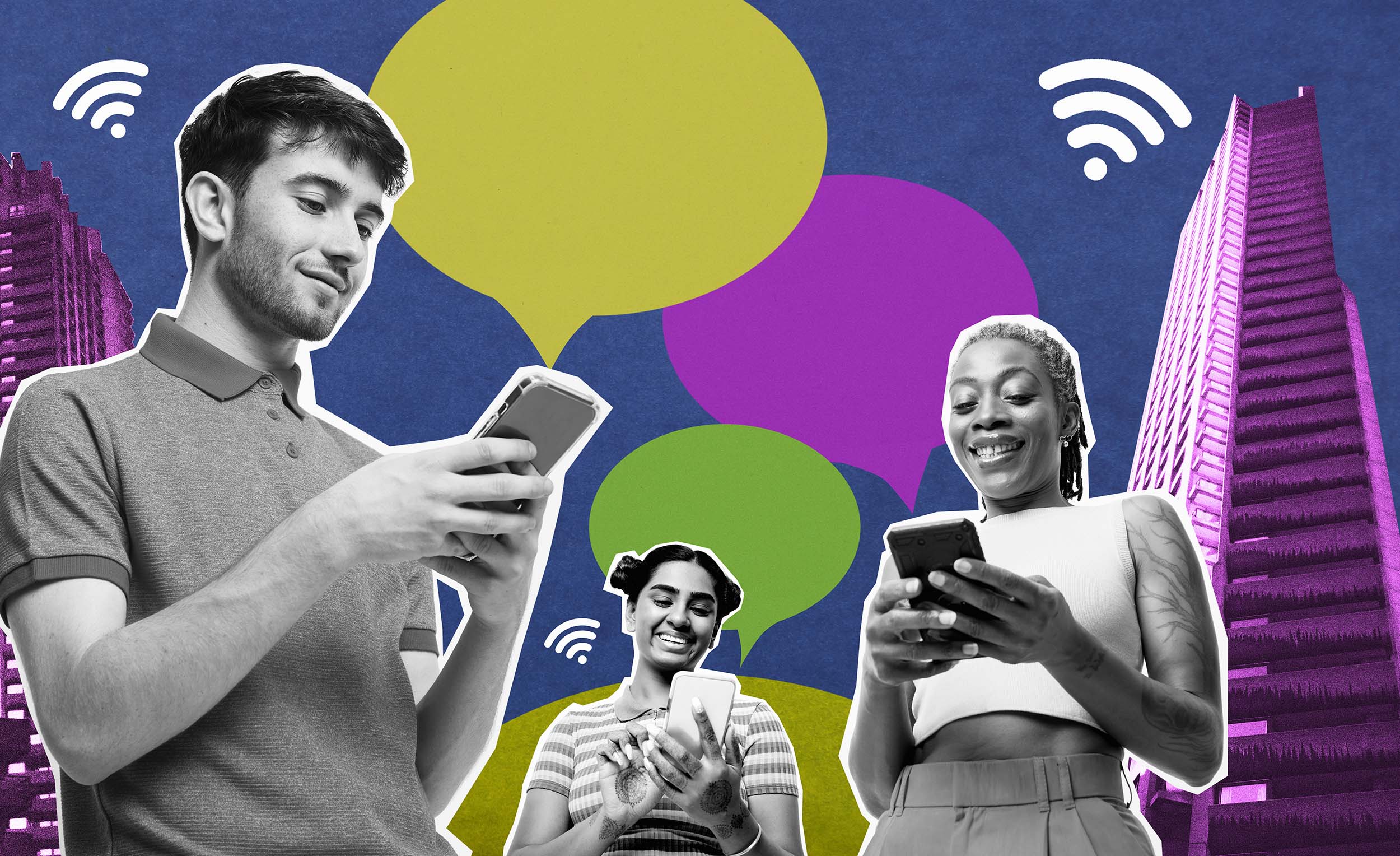 Collage of adults using smartphones to research referrals