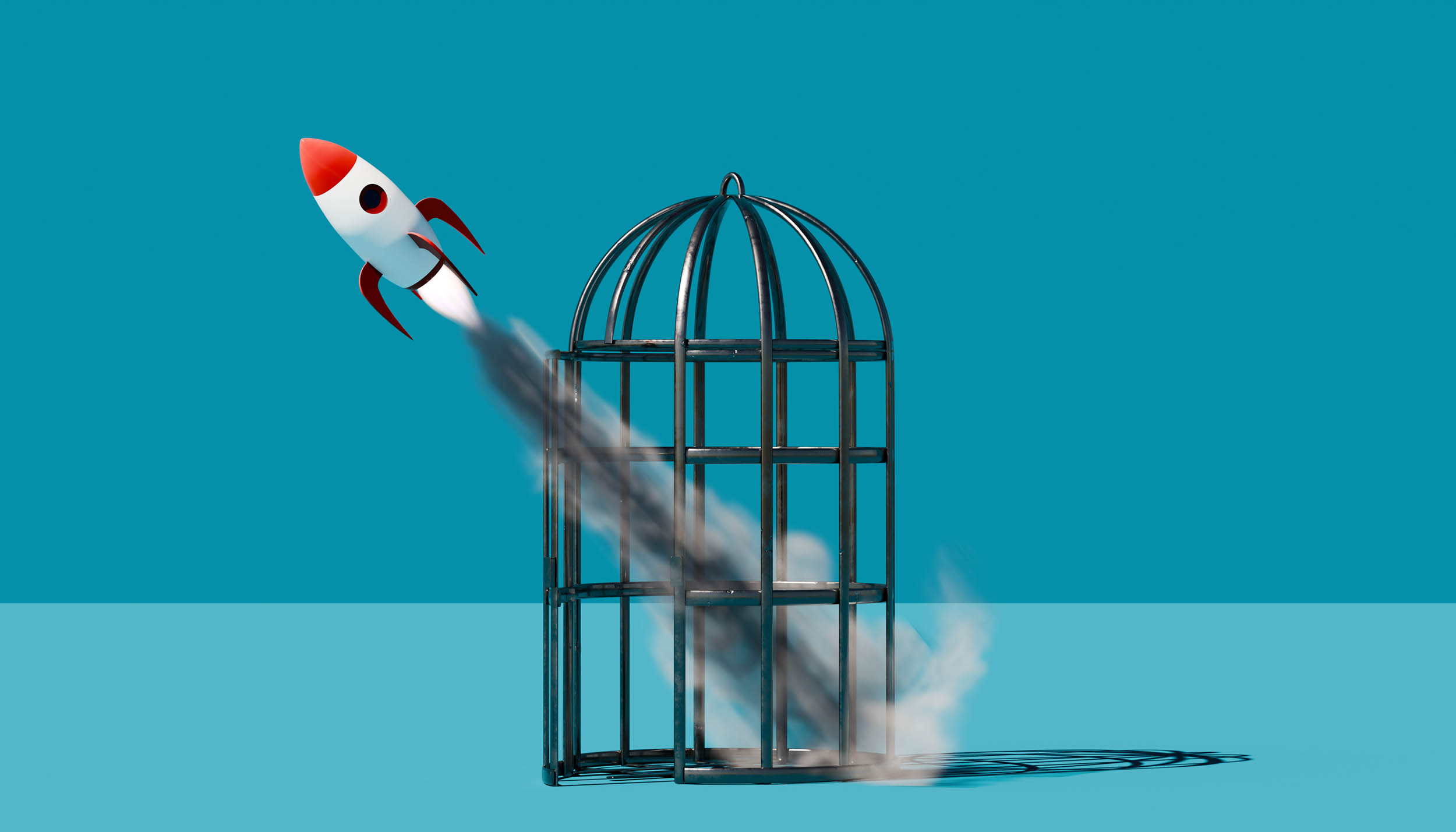 Rocket breaking free from a cage, representing a firm breaking away from generic website templates
