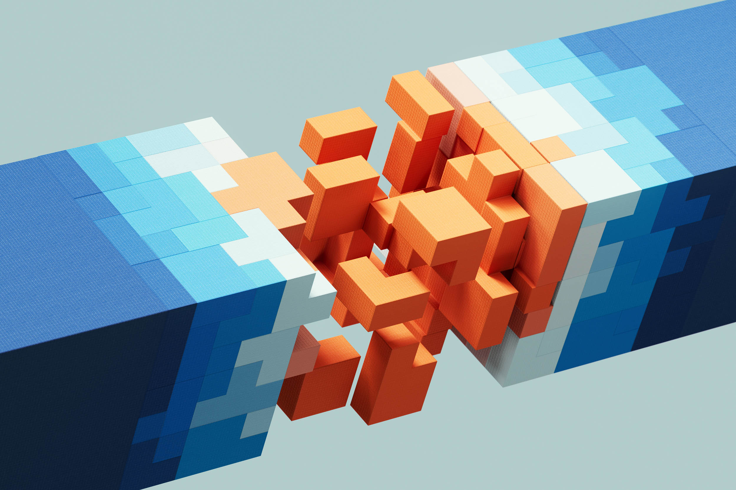 Blue and orange 3D cube structure, representing a systems-based firm architecture