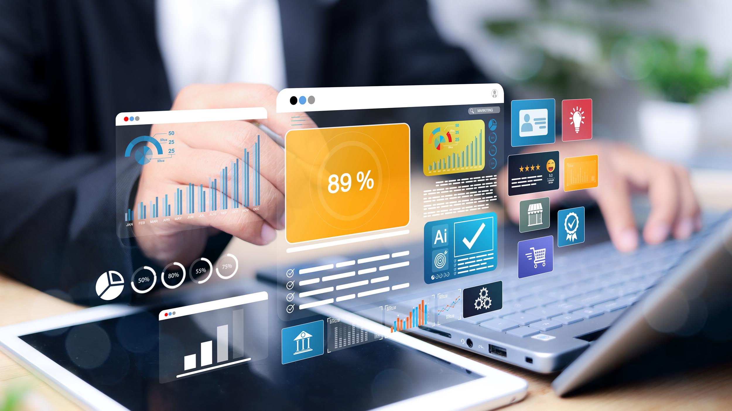 Multiple digital marketing and CMS tool icons, representing a fragmented tech stack