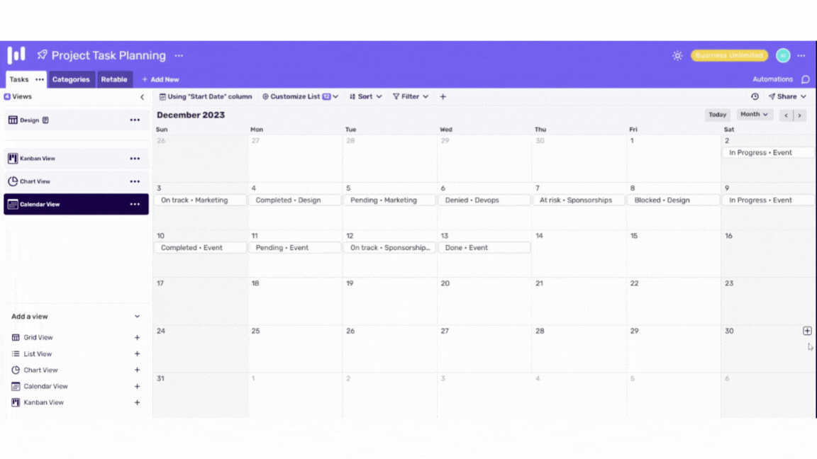 calendar data formatting for online spreadsheets