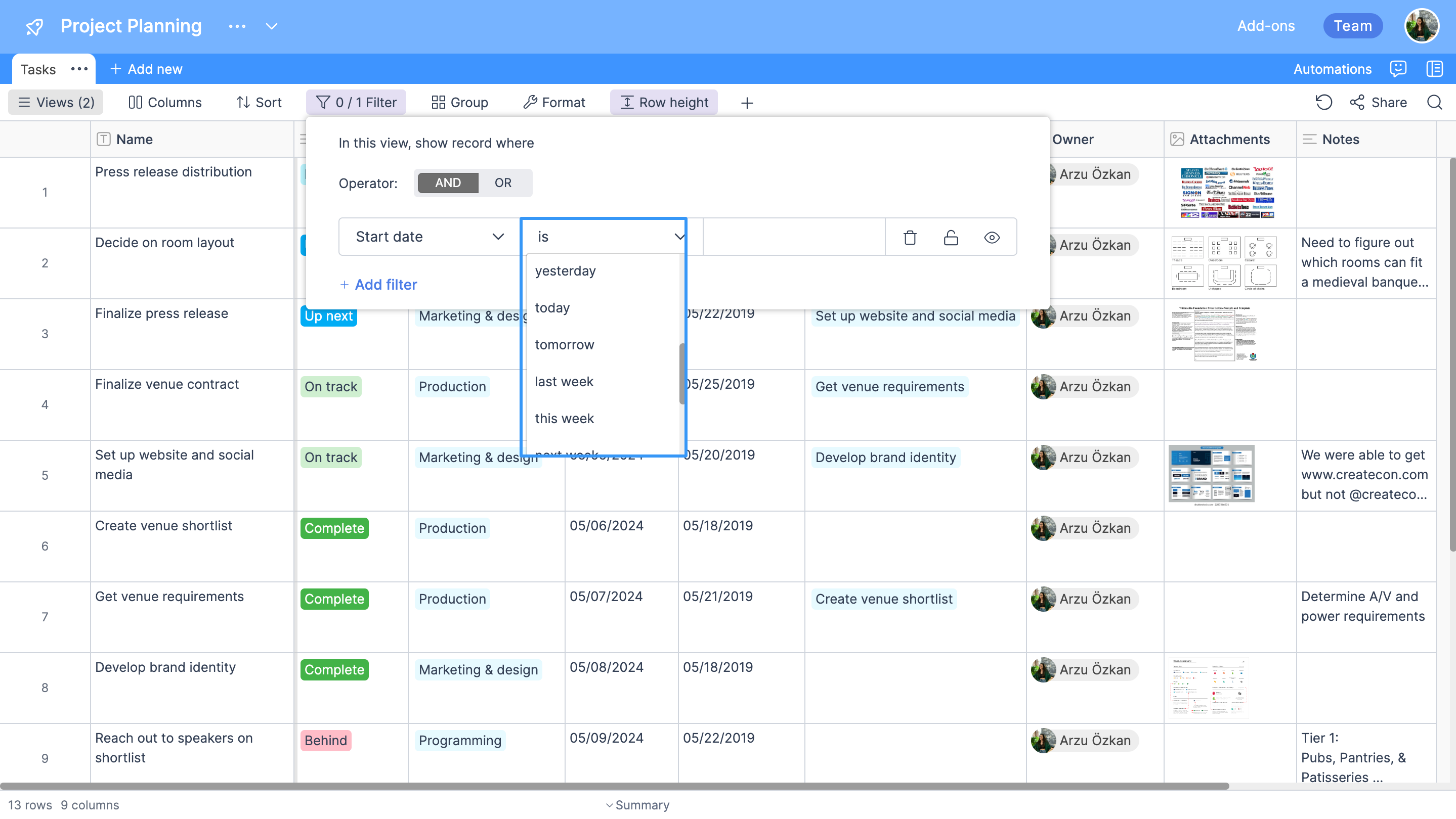 new filters for calendar column