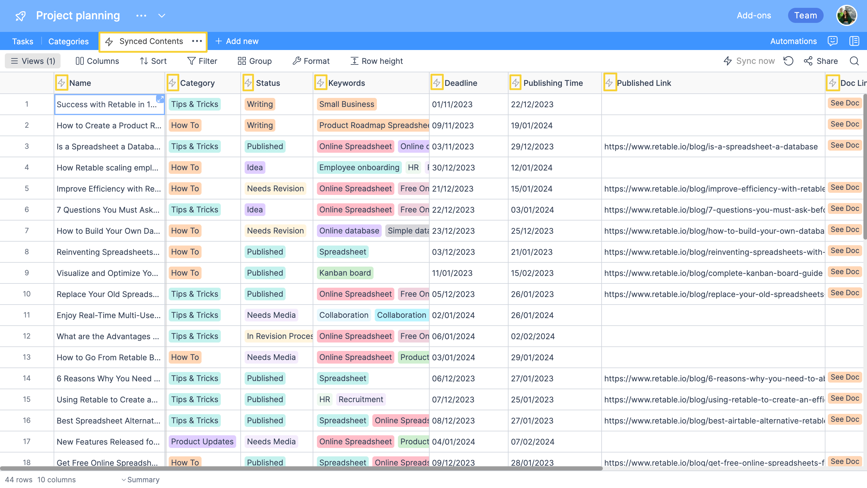 how to use retable table sync