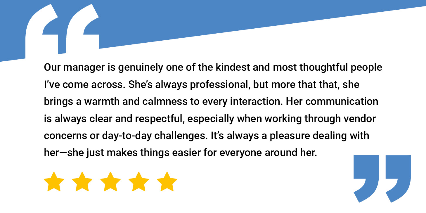 Five-star customer review praising manager for professionalism, kindness, and respectful communication.