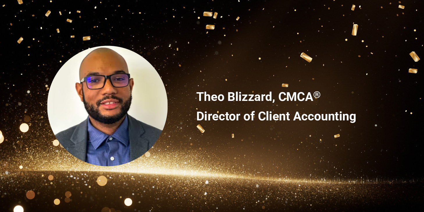 Portrait of Theo Blizzard, CMCA®, Director of Client Accounting, with announcement of CMCA certification achievement.