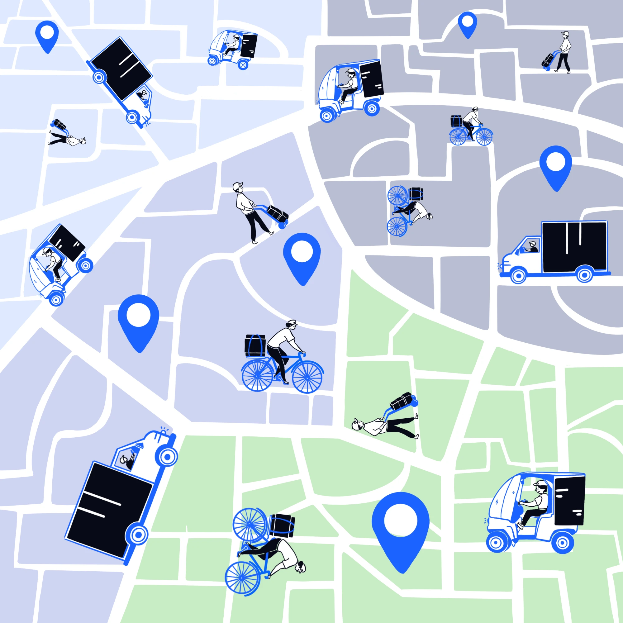 Map of delivery areas with couriers, bikes and vans on their routes
