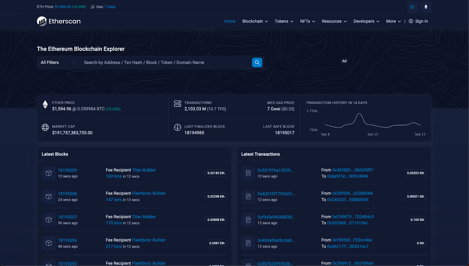 Etherscan homepage screenshot.