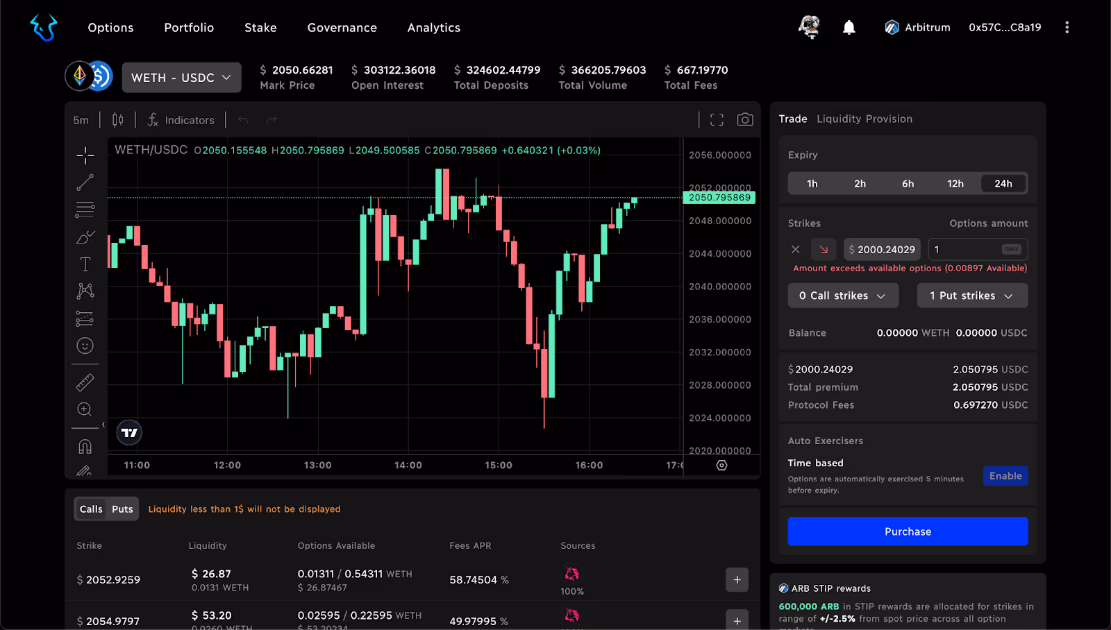 Screenshot showing put options on Dopex.