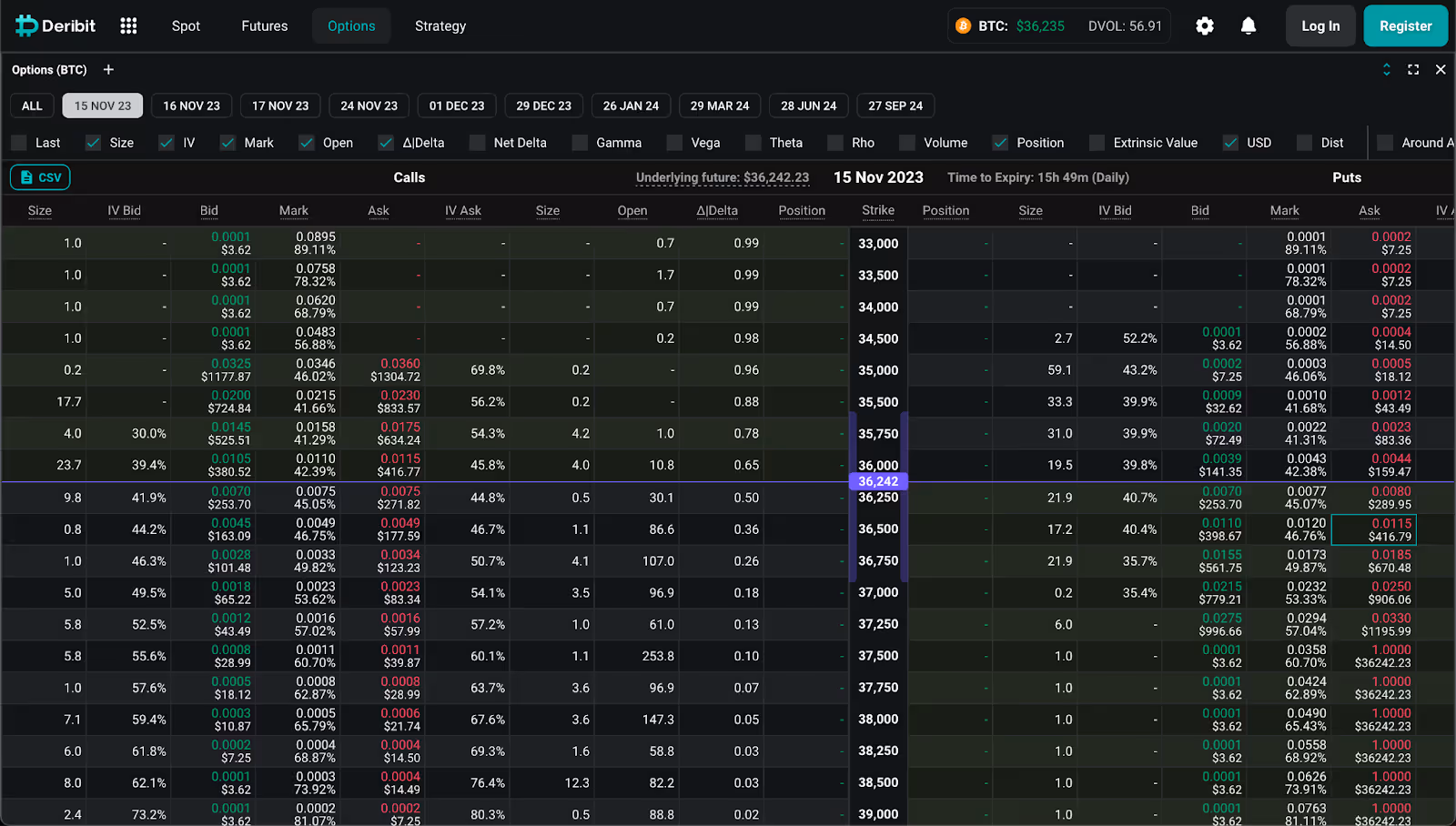 Options trading interface on Deribit.
