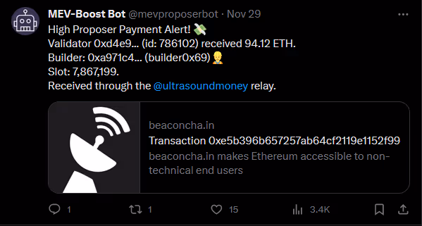 An post from X from @mevproposerbot showing a payment alert.