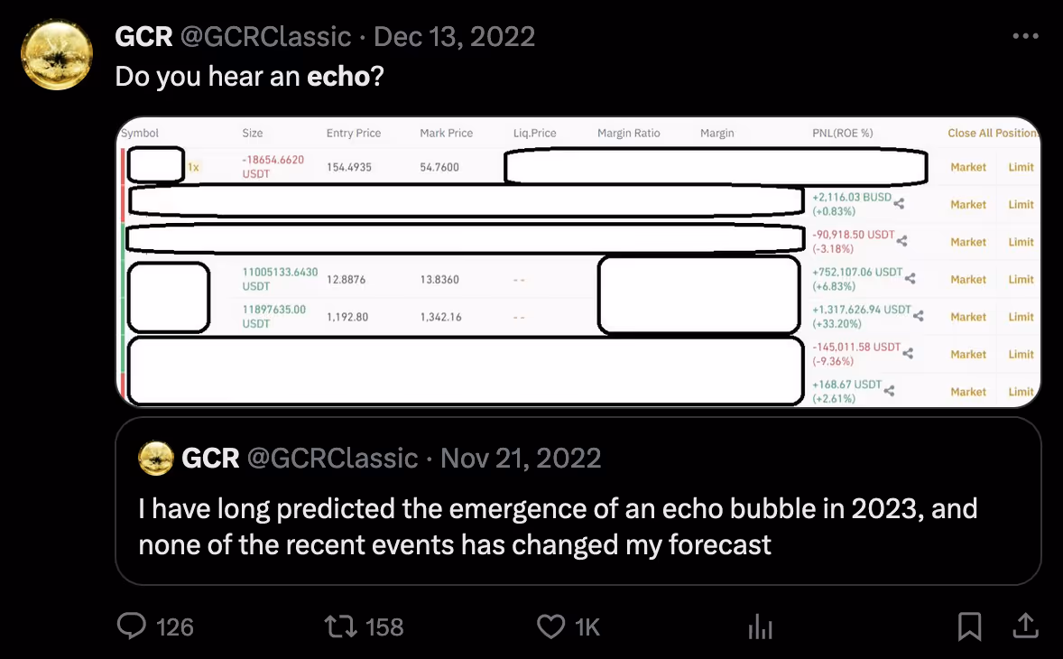 GCR discussing his 'Echo Bubble' thesis for 2023 & showing his trades.