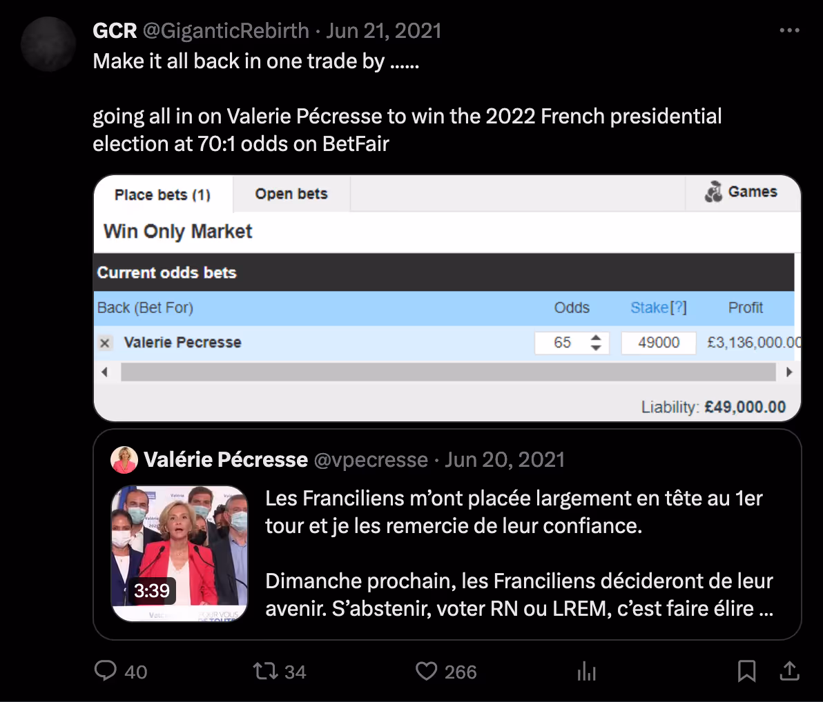 GCR Tweeting about his French election bet.