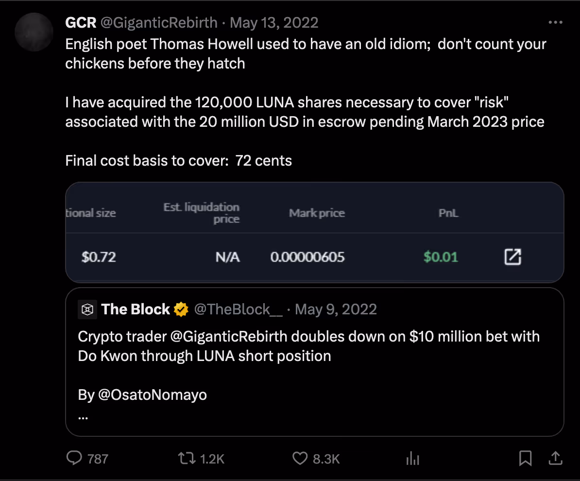 GCR discussing covering his LUNA short position.